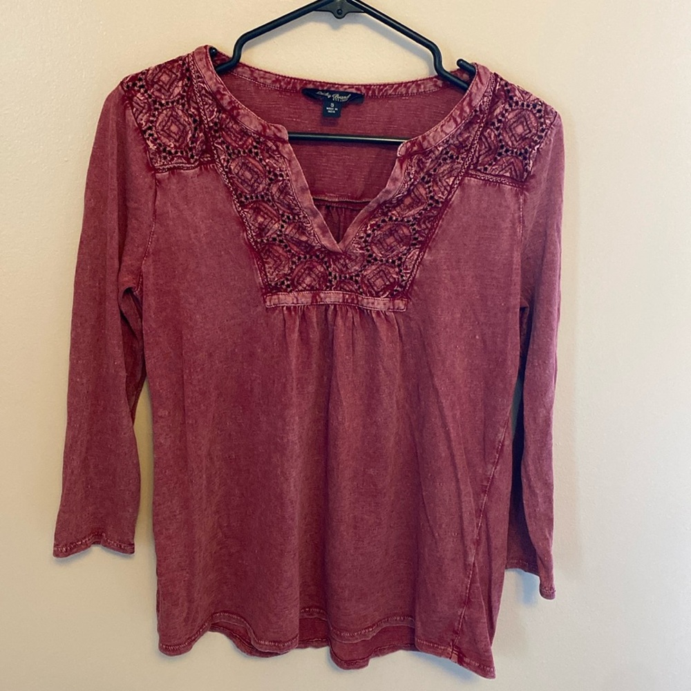 Pink Red Lucky Brand Embroidered Blouse Small 3/4 Sleeve